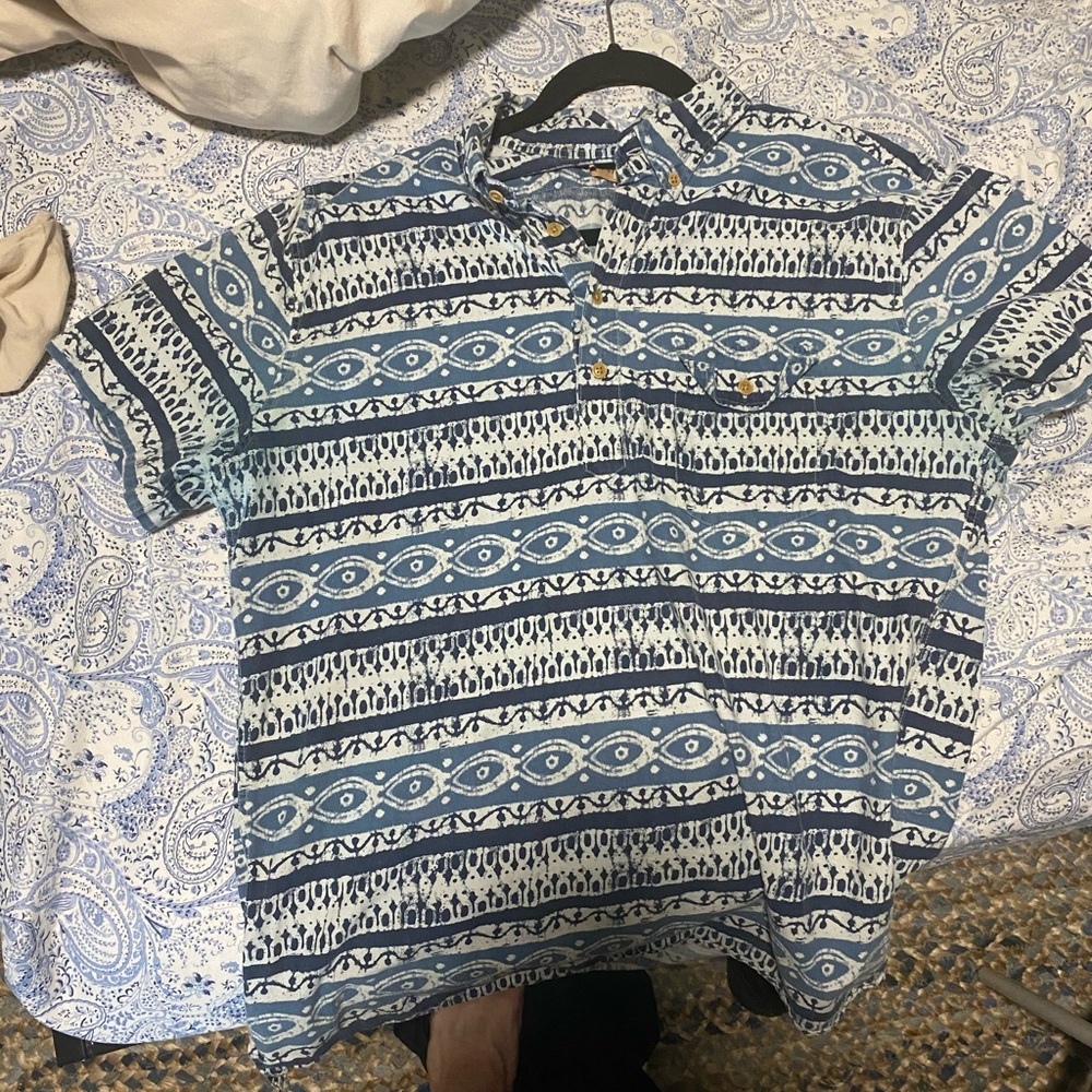 Blue patterned J-Crew, quarter button up with chest pocket